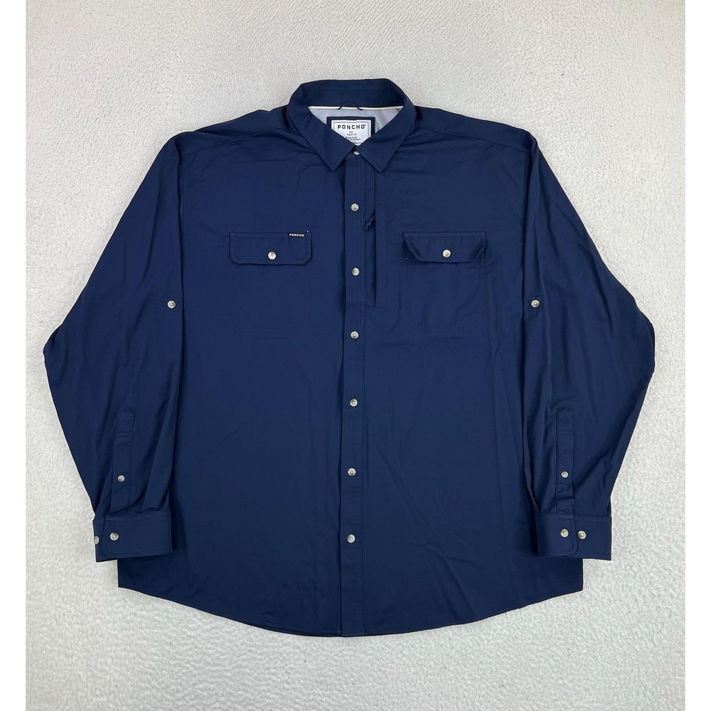 Poncho Shirt Men's 2XL Blue Magnetic Pockets Long Sleeve Button Up Stretch